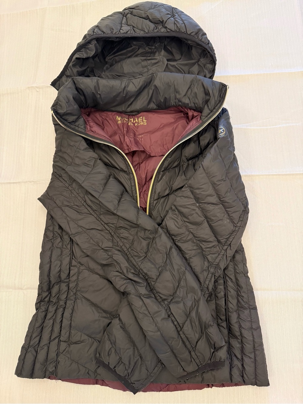 Michael Kors Black Quilted Hooded Puffer with Maroon Lining